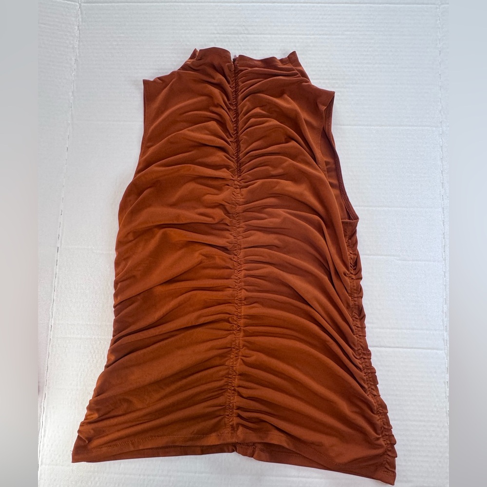 Calvin Klein Ruched Sleeveless Mock Neck Top Rust Orange Stretch Blouse Size M - Picture 14 of 14